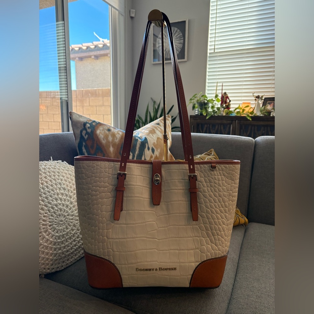 Dooney & Bourke Claremont Dover Cream and Brown Croc-Embossed Tote